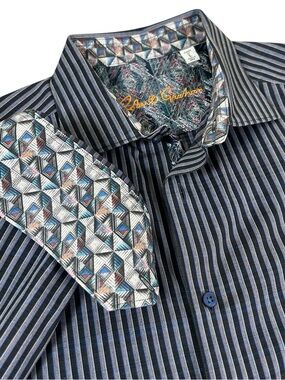 ROBERT GRAHAM Striped Button Down Geometric Flip Cuff Black Blue Gray Classic L‎